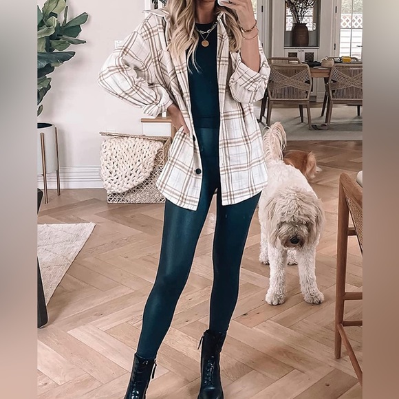 NWOT khaki cream plaid shacket - Picture 3 of 10